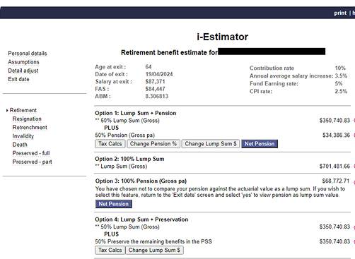 Before: legacy full-pension breakdown, four unlabelled options