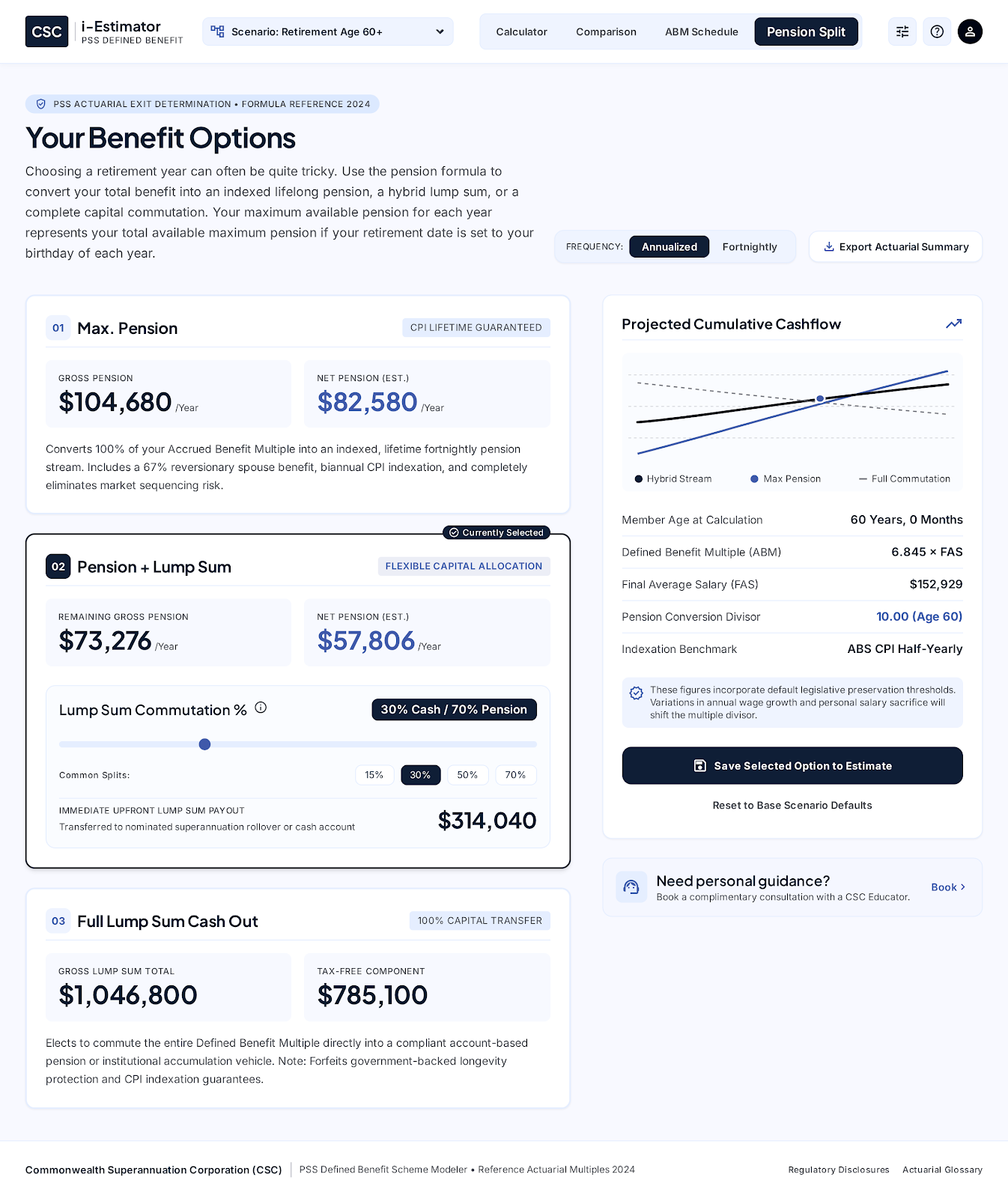Concept reconstruction: benefit options with ABM x FAS formula and cashflow chart shown inline