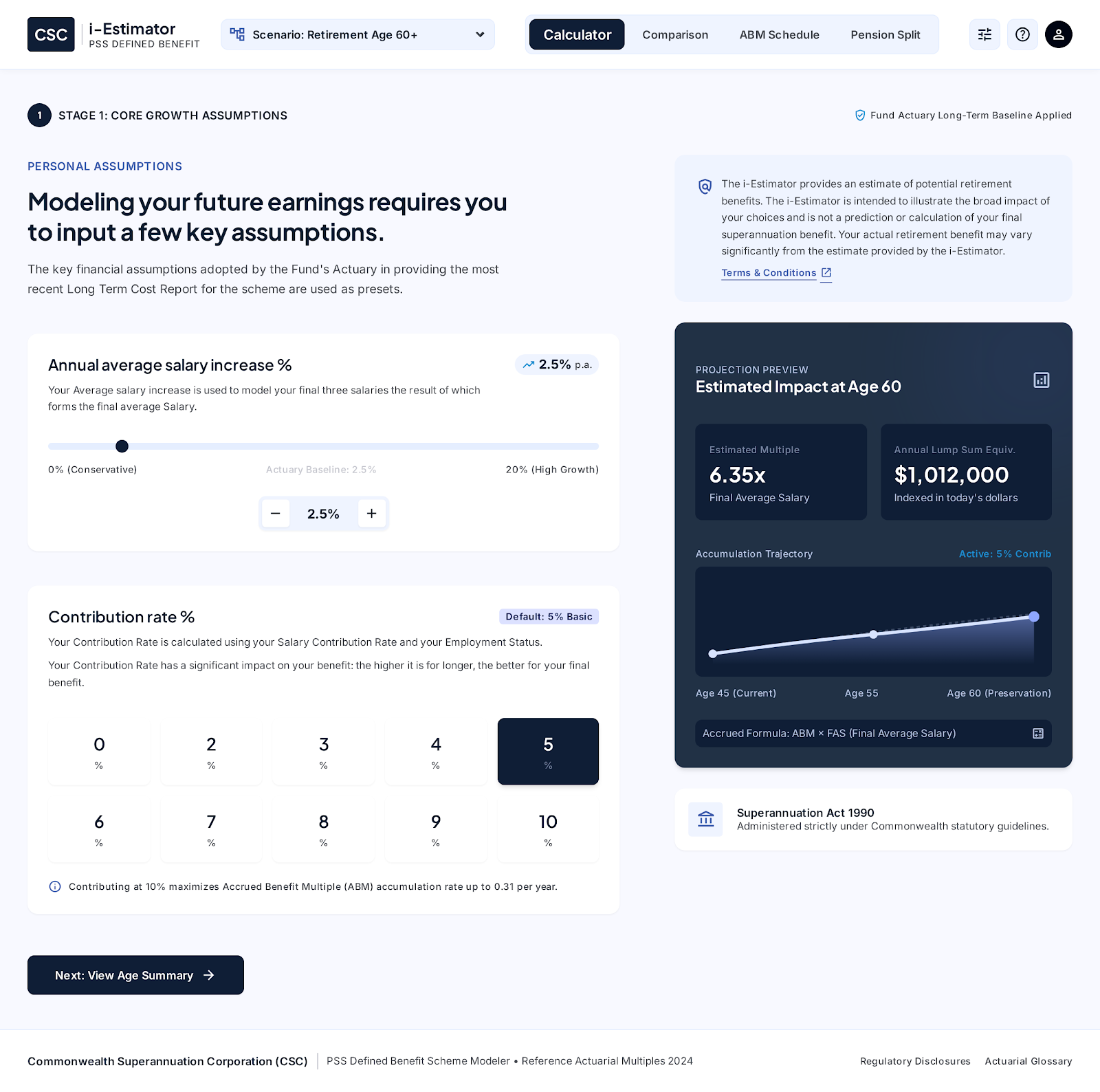 Personal assumptions step with actuary baseline defaults