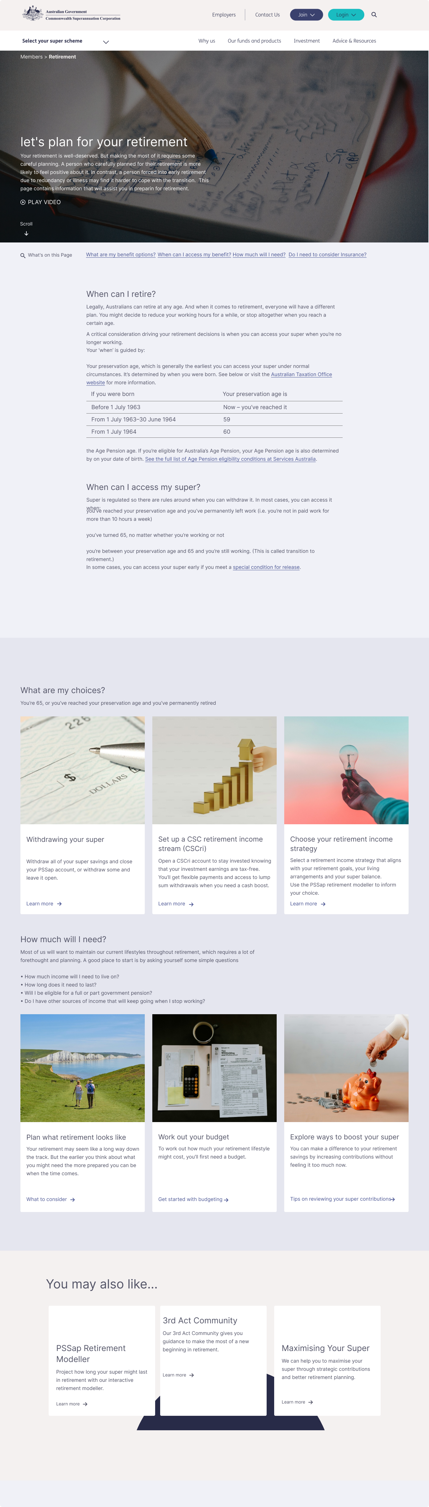 CSC retirement planning design with access guidance, benefit choices, and budgeting resources