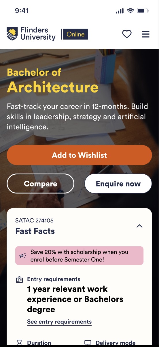 Mobile Flinders Online prototype with course comparison