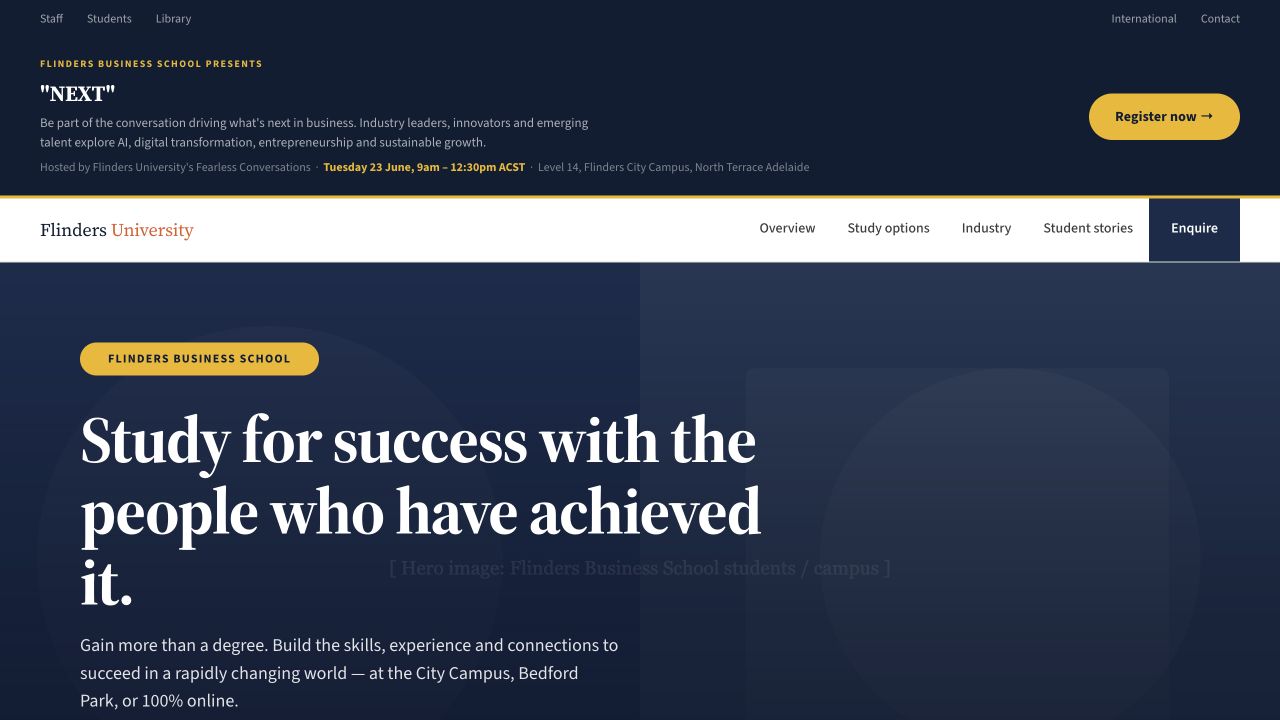 Original Business School prototype with event banner and campaign hero