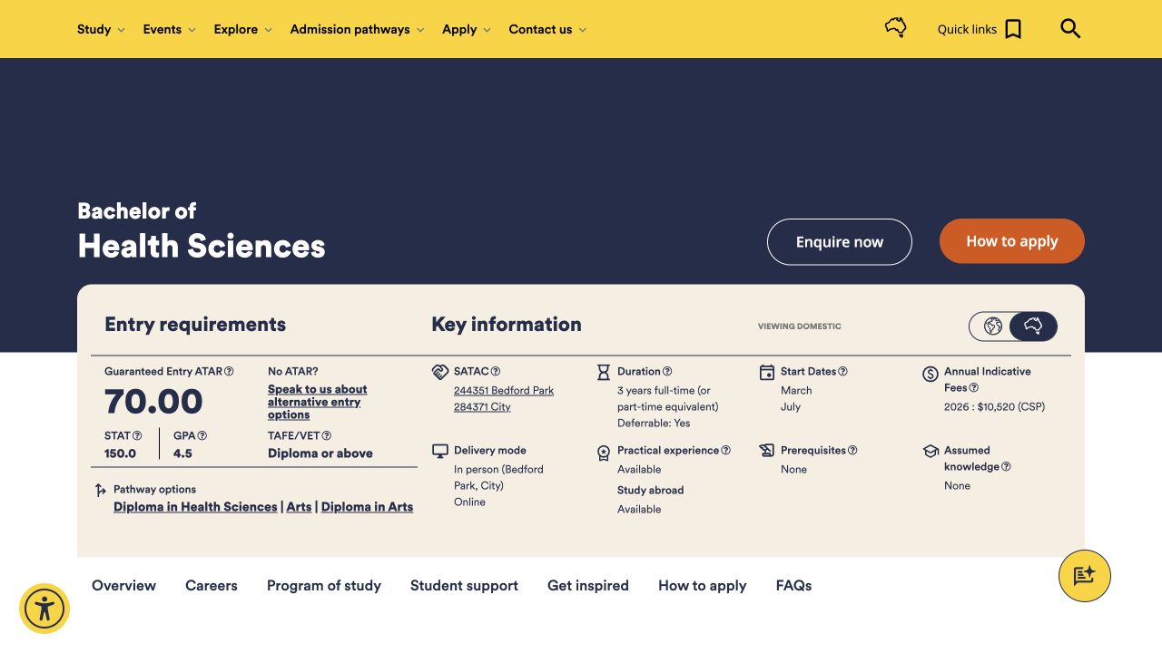 Current domestic Health Sciences course view showing entry routes, SATAC, delivery modes, and key facts
