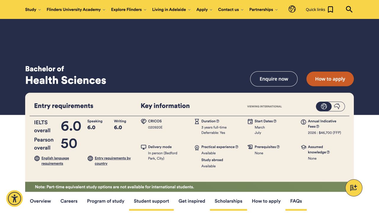 Current international Health Sciences view showing English-language requirements, country-entry links, CRICOS, and full-time study