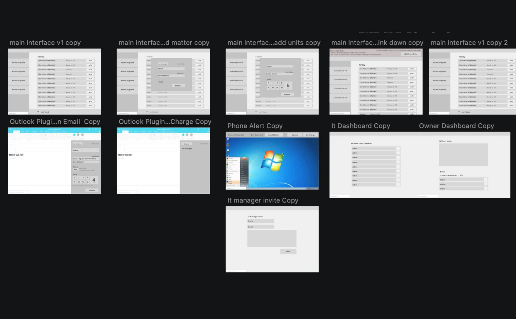 Exploration board: interface variants, Outlook plugin, IT dashboard