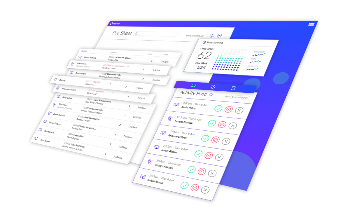 Fee sheet, time tracking, and confidence-sorted activity feed