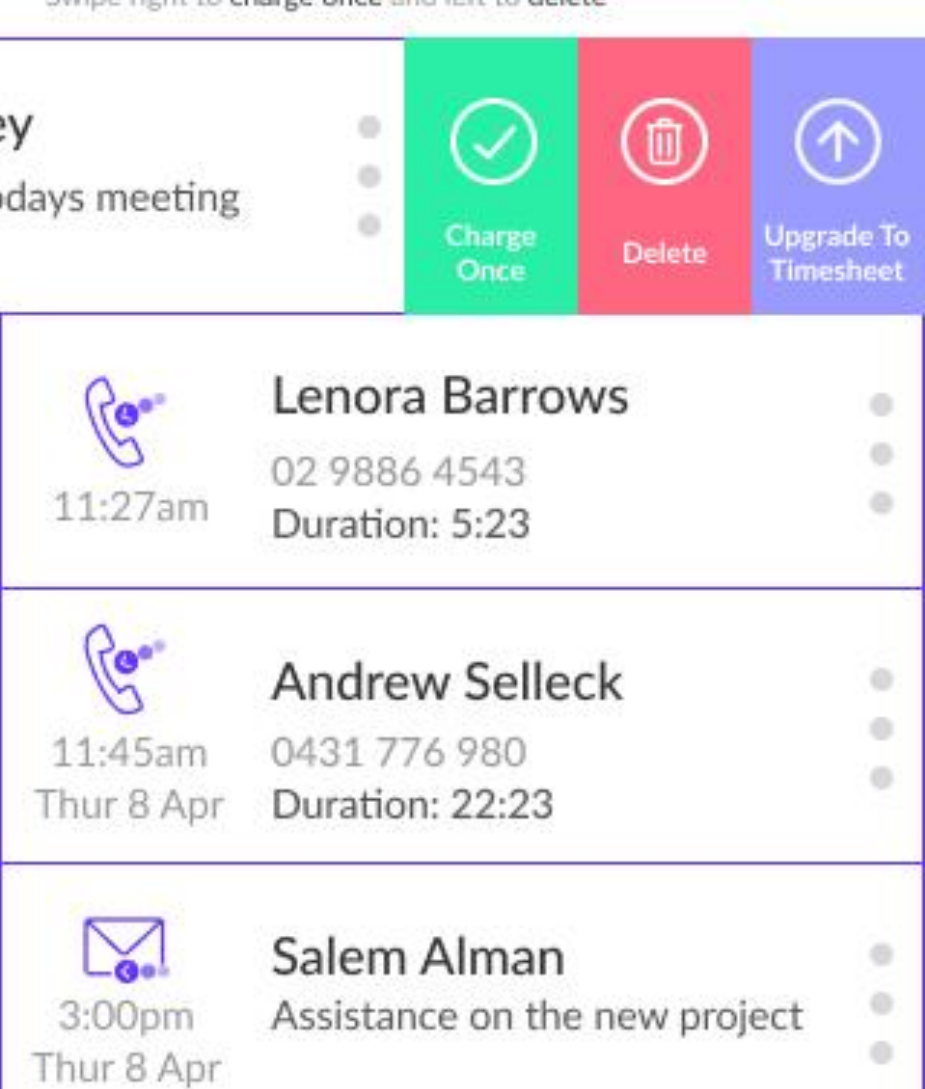 Swipe actions: charge once, delete, upgrade to timesheet